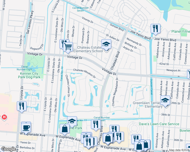 map of restaurants, bars, coffee shops, grocery stores, and more near 34 Chateau Mouton Drive in Kenner