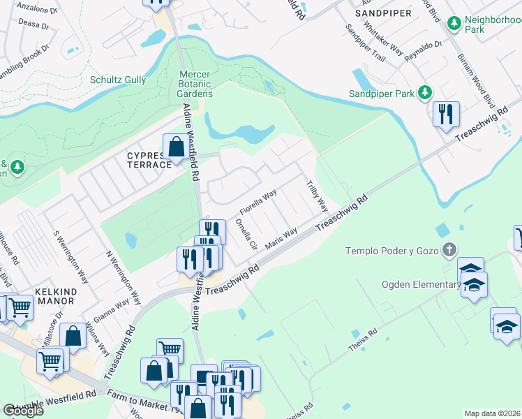 map of restaurants, bars, coffee shops, grocery stores, and more near 3426 Fiorella Way in Humble