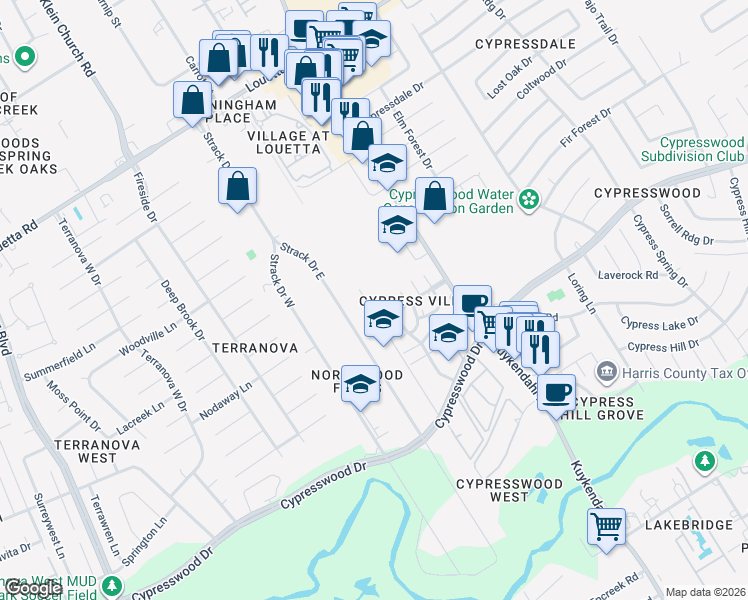 map of restaurants, bars, coffee shops, grocery stores, and more near 4480 West Cypress Villas Drive in Spring