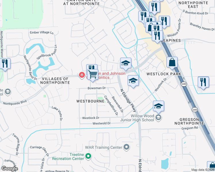 map of restaurants, bars, coffee shops, grocery stores, and more near 12114 Bowsman Drive in Tomball