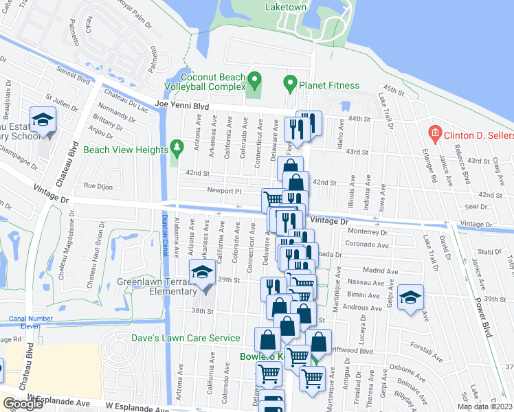 map of restaurants, bars, coffee shops, grocery stores, and more near 1740 Vintage Drive in Kenner