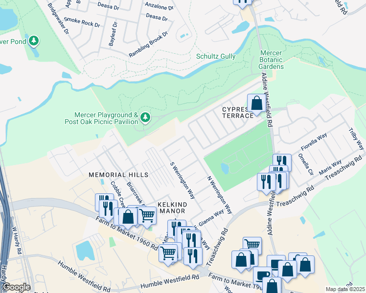 map of restaurants, bars, coffee shops, grocery stores, and more near 2428 West Werrington Way in Houston