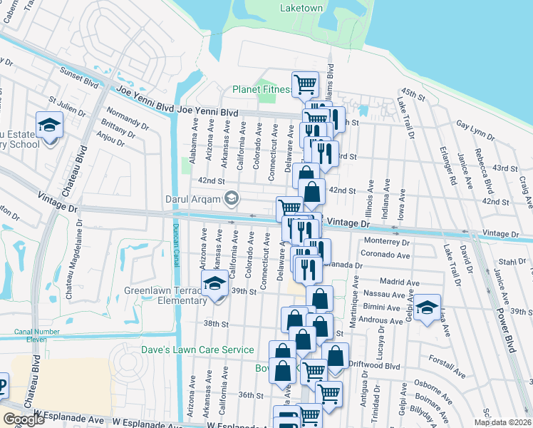 map of restaurants, bars, coffee shops, grocery stores, and more near 1736 Vintage Drive in Kenner
