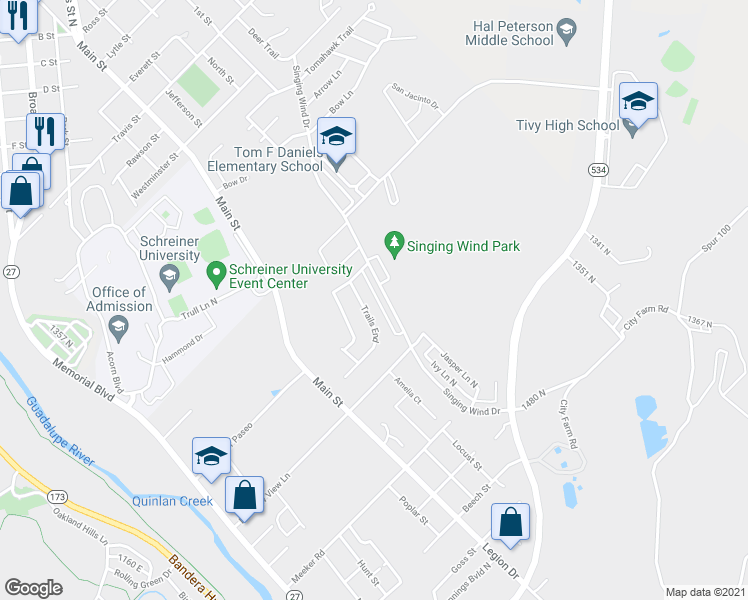 map of restaurants, bars, coffee shops, grocery stores, and more near 2311 Sailing Way in Kerrville
