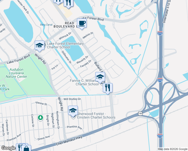 map of restaurants, bars, coffee shops, grocery stores, and more near 1128 Midpoint Drive in New Orleans