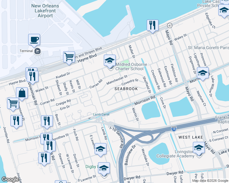 map of restaurants, bars, coffee shops, grocery stores, and more near 6700 Coventry Street in New Orleans