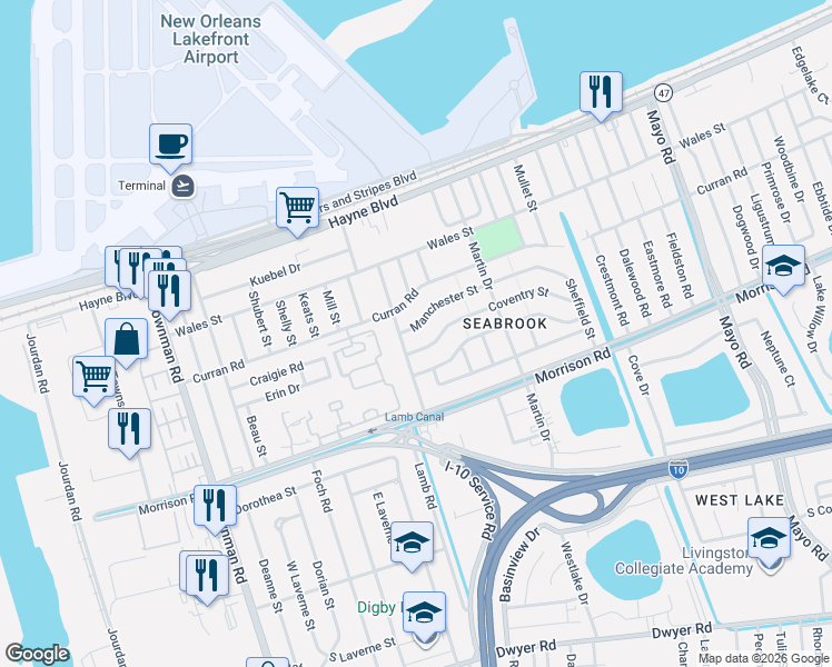 map of restaurants, bars, coffee shops, grocery stores, and more near 6540 Manchester Street in New Orleans