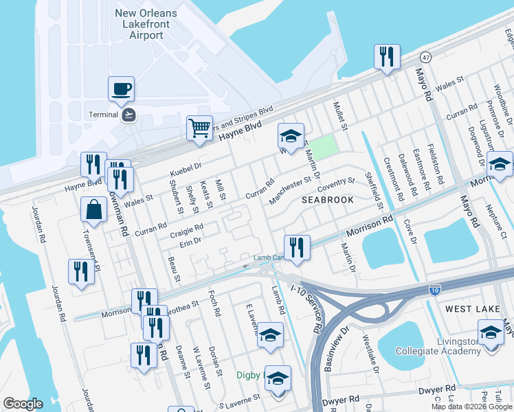 map of restaurants, bars, coffee shops, grocery stores, and more near 7610 New Castle Street in New Orleans