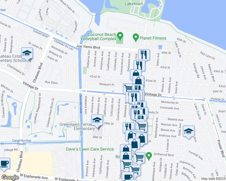 map of restaurants, bars, coffee shops, grocery stores, and more near 1700 Vintage Drive in Kenner