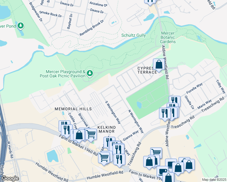 map of restaurants, bars, coffee shops, grocery stores, and more near 2428 West Werrington Way in Houston