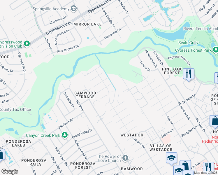 map of restaurants, bars, coffee shops, grocery stores, and more near 1011 Klamath Lane in Houston