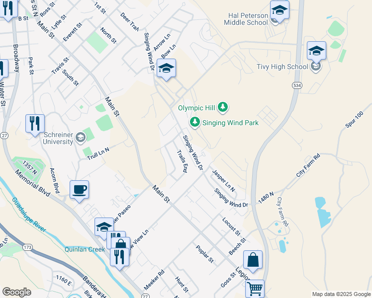 map of restaurants, bars, coffee shops, grocery stores, and more near 2306D Sailing Way in Kerrville