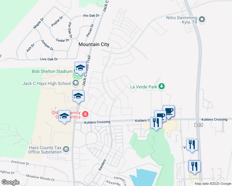 map of restaurants, bars, coffee shops, grocery stores, and more near Kohlers Crossing in Kyle