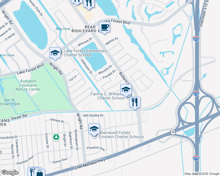 map of restaurants, bars, coffee shops, grocery stores, and more near 11265 Notaway Lane in New Orleans