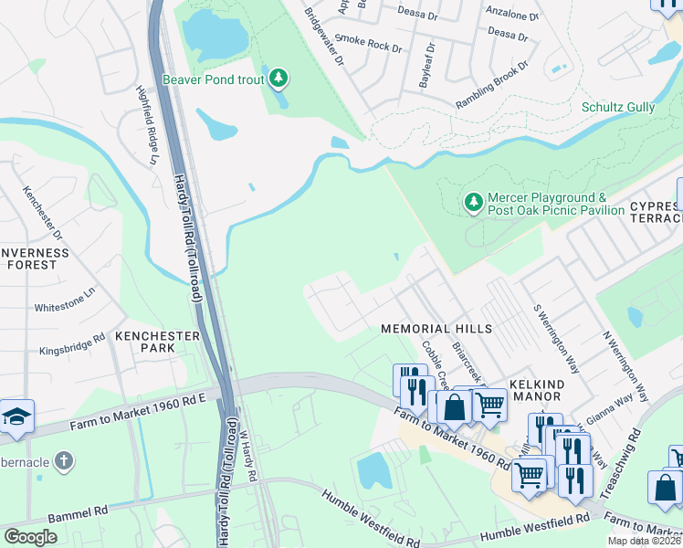 map of restaurants, bars, coffee shops, grocery stores, and more near 1627 Abbey Oak Drive in Houston