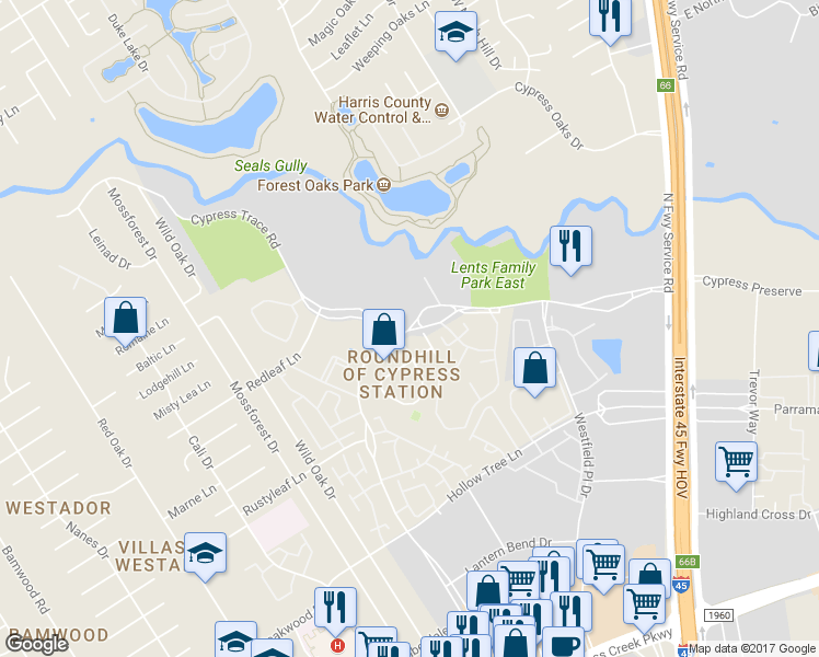 map of restaurants, bars, coffee shops, grocery stores, and more near 605 Cypress Station Drive in Houston