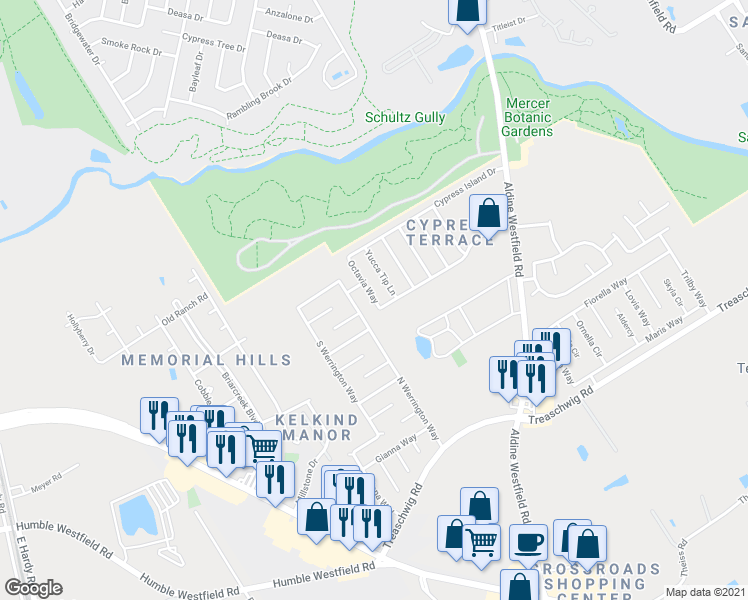 map of restaurants, bars, coffee shops, grocery stores, and more near 21823 Octavia Way in Houston