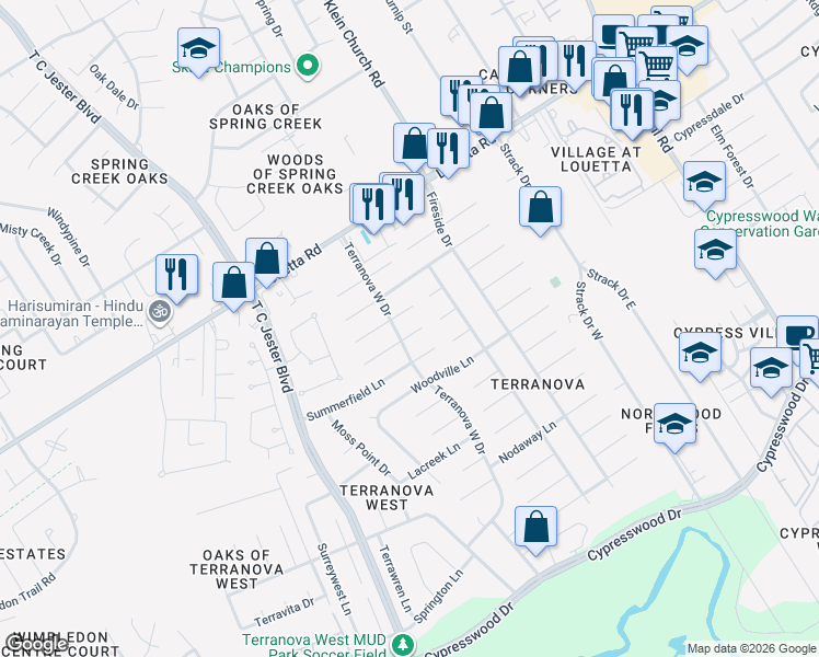 map of restaurants, bars, coffee shops, grocery stores, and more near 5414 Alamosa Lane in Spring