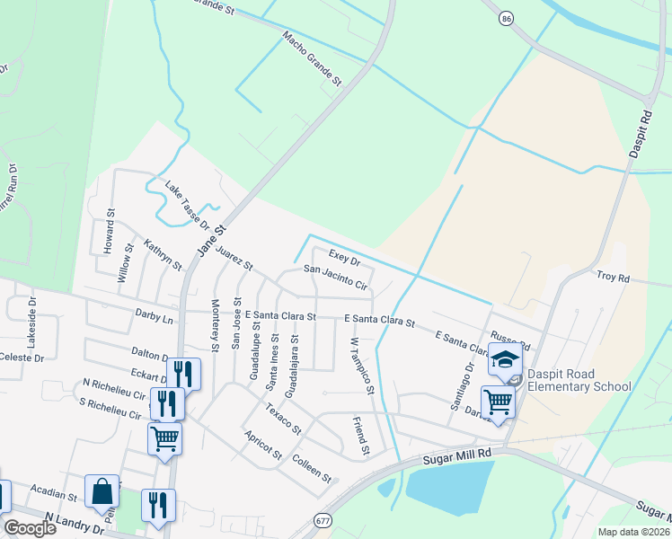 map of restaurants, bars, coffee shops, grocery stores, and more near 611 San Jacinto Circle in New Iberia