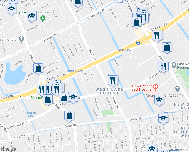 map of restaurants, bars, coffee shops, grocery stores, and more near 6816 Bundy Road in New Orleans