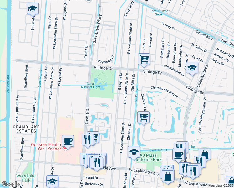 map of restaurants, bars, coffee shops, grocery stores, and more near 3801 East Loyola Drive in Kenner