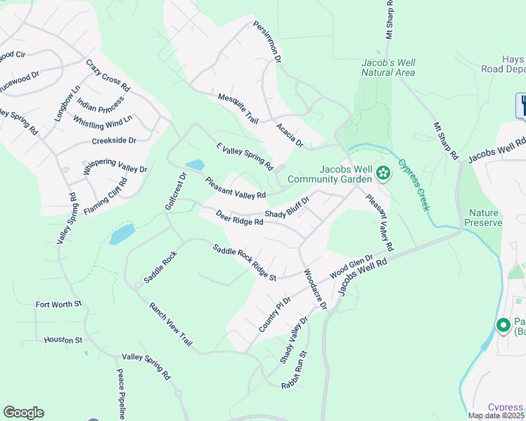map of restaurants, bars, coffee shops, grocery stores, and more near 388 Shady Bluff Drive in Wimberley
