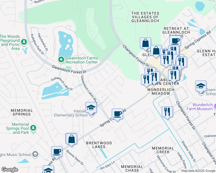 map of restaurants, bars, coffee shops, grocery stores, and more near 1122 Bringewood Chase Drive in Spring