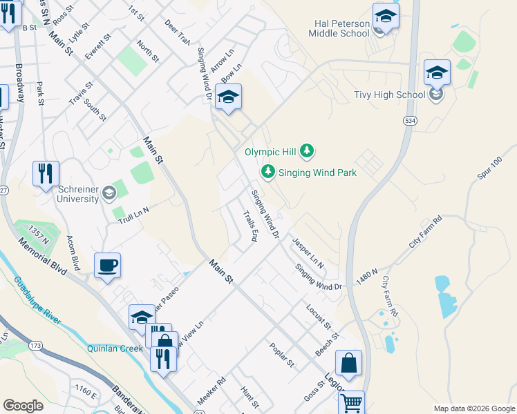 map of restaurants, bars, coffee shops, grocery stores, and more near 2306D Sailing Way in Kerrville