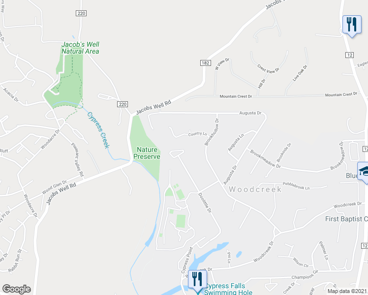 map of restaurants, bars, coffee shops, grocery stores, and more near 12 Wildwood Circle in Wimberley