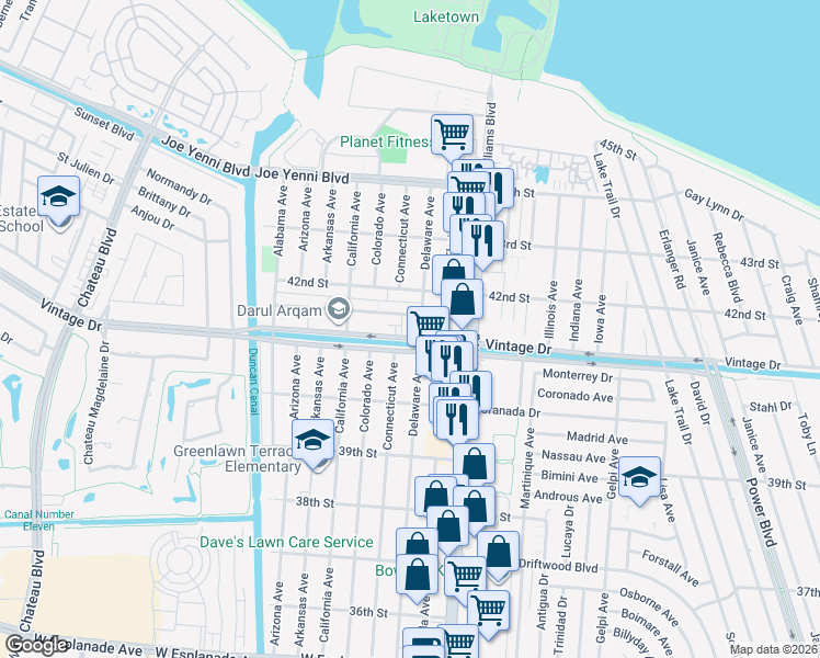 map of restaurants, bars, coffee shops, grocery stores, and more near 1736 Vintage Drive in Kenner