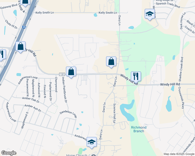 map of restaurants, bars, coffee shops, grocery stores, and more near 111 Branch View Drive in Kyle