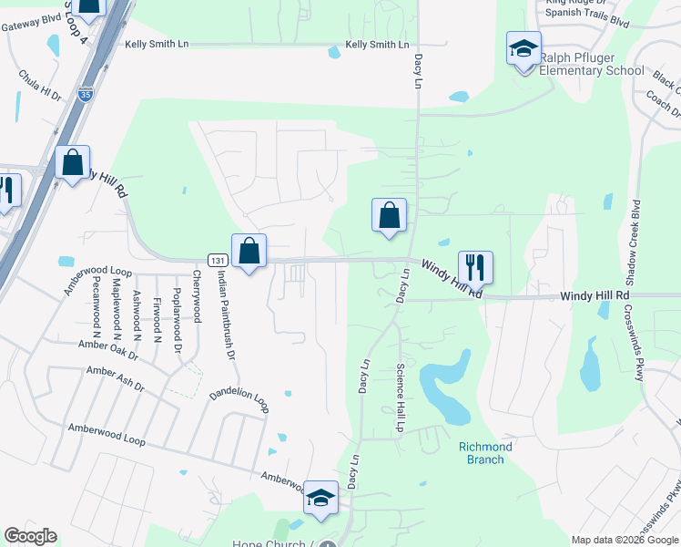 map of restaurants, bars, coffee shops, grocery stores, and more near 111 Branch View Drive in Kyle