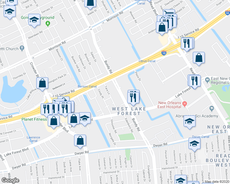 map of restaurants, bars, coffee shops, grocery stores, and more near 6816 Bundy Road in New Orleans