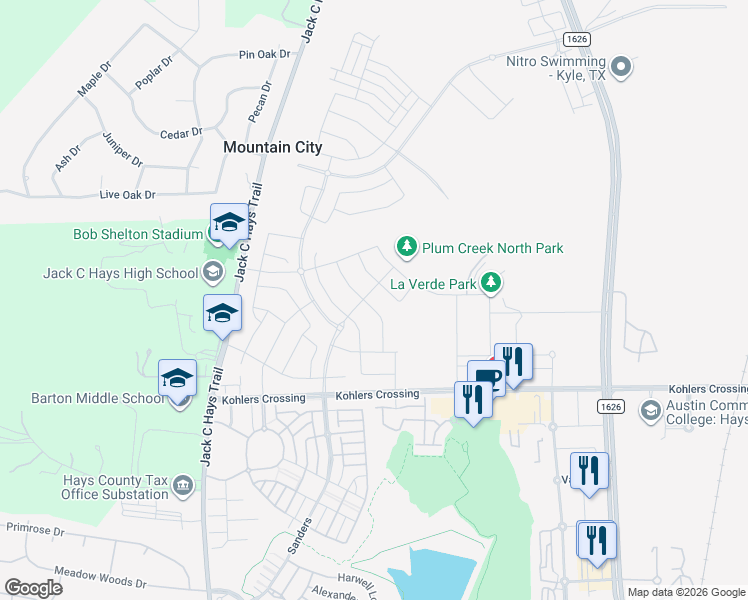 map of restaurants, bars, coffee shops, grocery stores, and more near 231 Madrid in Kyle