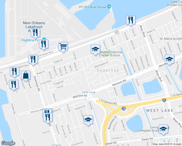 map of restaurants, bars, coffee shops, grocery stores, and more near 6540 Manchester Street in New Orleans