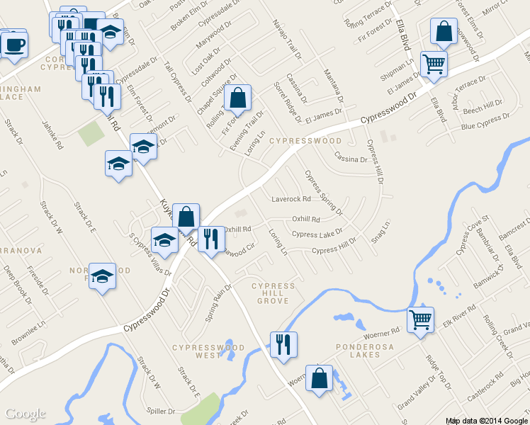 map of restaurants, bars, coffee shops, grocery stores, and more near 17606 Loring Lane in Spring