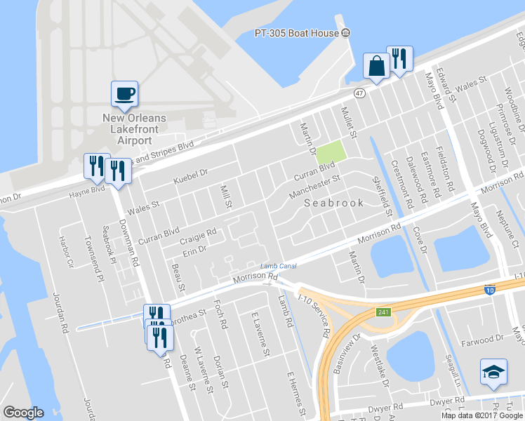 map of restaurants, bars, coffee shops, grocery stores, and more near 7610 New Castle Street in New Orleans