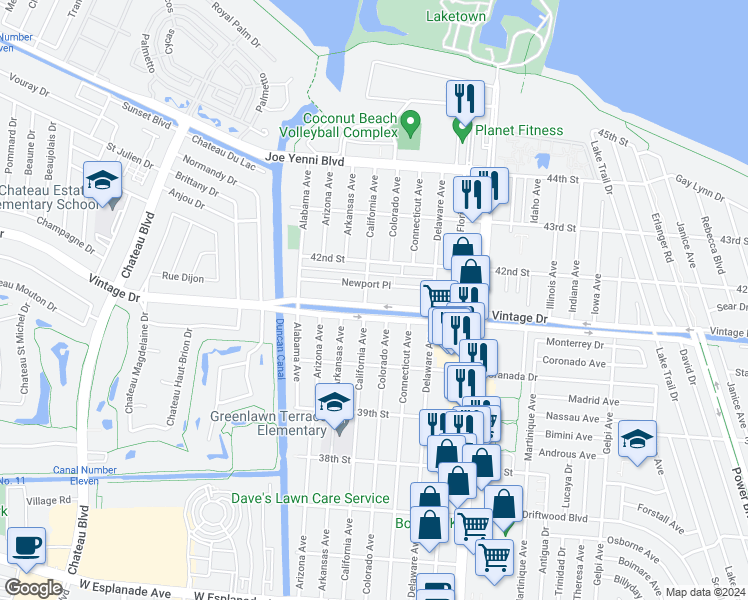 map of restaurants, bars, coffee shops, grocery stores, and more near 1700 Vintage Drive in Kenner