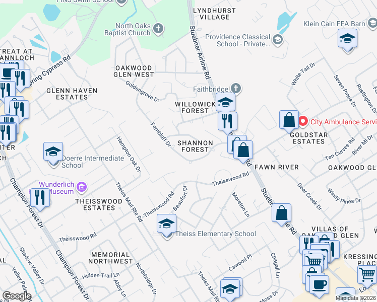 map of restaurants, bars, coffee shops, grocery stores, and more near 7527 Easybrook Lane in Spring