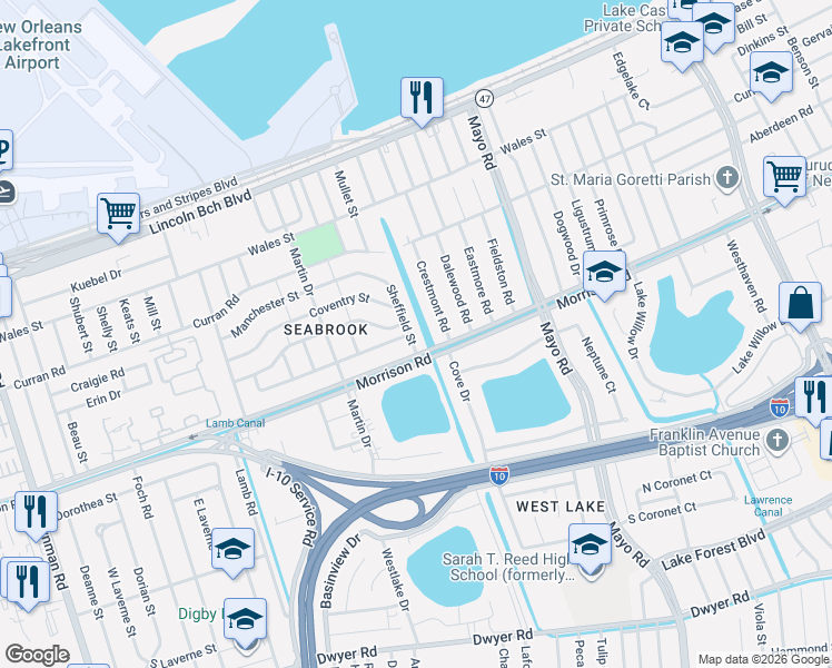 map of restaurants, bars, coffee shops, grocery stores, and more near 7021 Bamberry Street in New Orleans