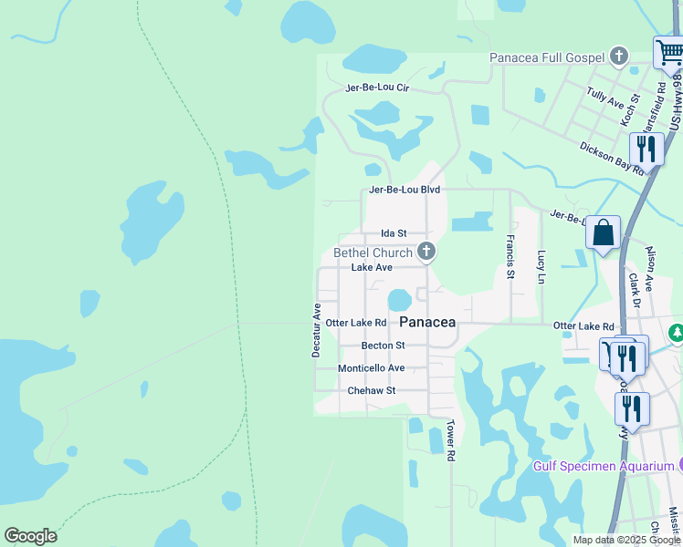 map of restaurants, bars, coffee shops, grocery stores, and more near 39 Westview Street in Panacea