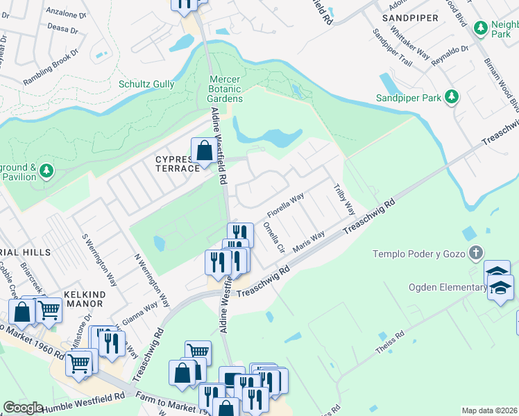 map of restaurants, bars, coffee shops, grocery stores, and more near 3322 Crossing Fiorella Lane in Humble
