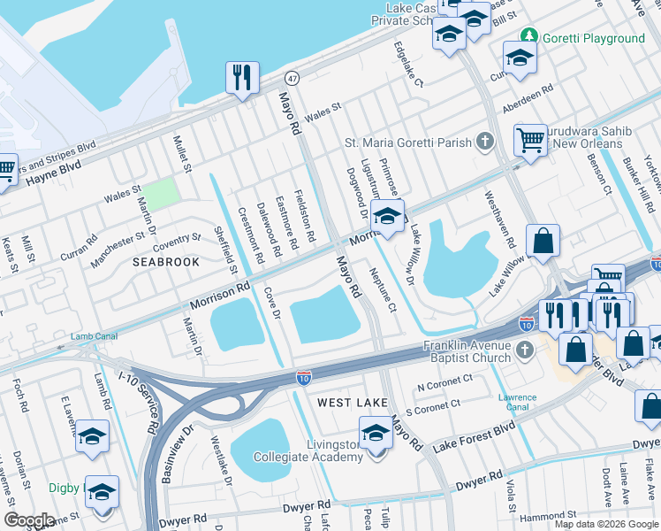 map of restaurants, bars, coffee shops, grocery stores, and more near 7422 Morrison Road in New Orleans