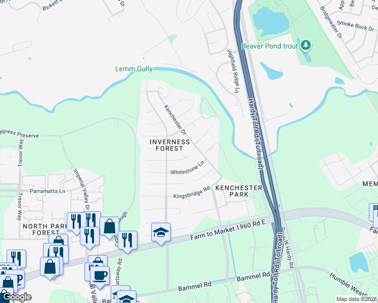 map of restaurants, bars, coffee shops, grocery stores, and more near 1127 Woodfield Lane in Houston