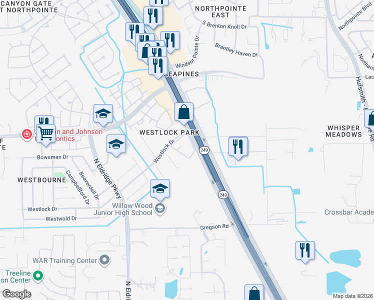 map of restaurants, bars, coffee shops, grocery stores, and more near 24055 Texas 249 in Tomball