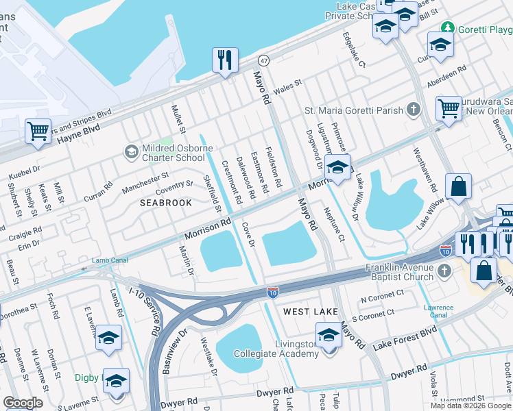 map of restaurants, bars, coffee shops, grocery stores, and more near 7301 Morrison Road in New Orleans