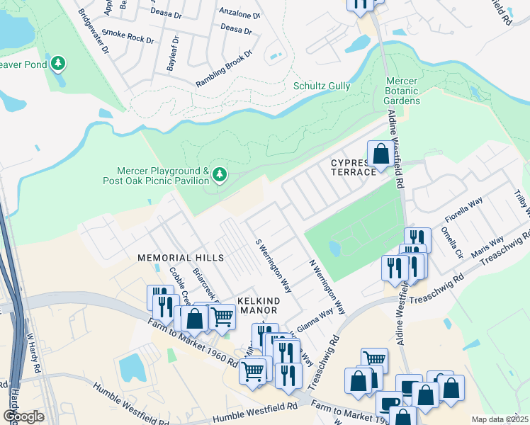 map of restaurants, bars, coffee shops, grocery stores, and more near 2428 West Werrington Way in Houston