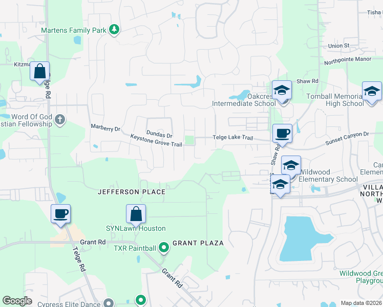 map of restaurants, bars, coffee shops, grocery stores, and more near 17915 Serene Shore Drive in Cypress