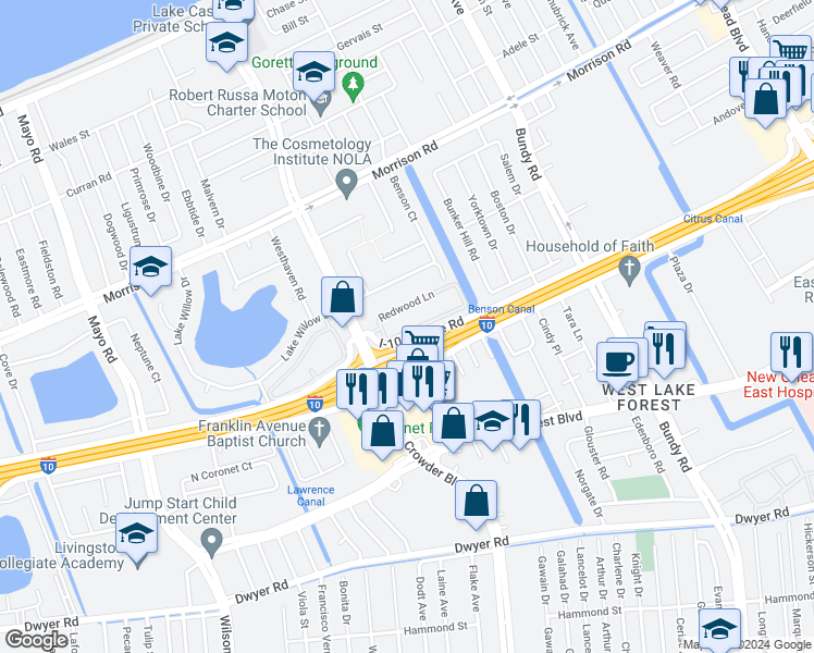 map of restaurants, bars, coffee shops, grocery stores, and more near 3 Cedar Lane in New Orleans