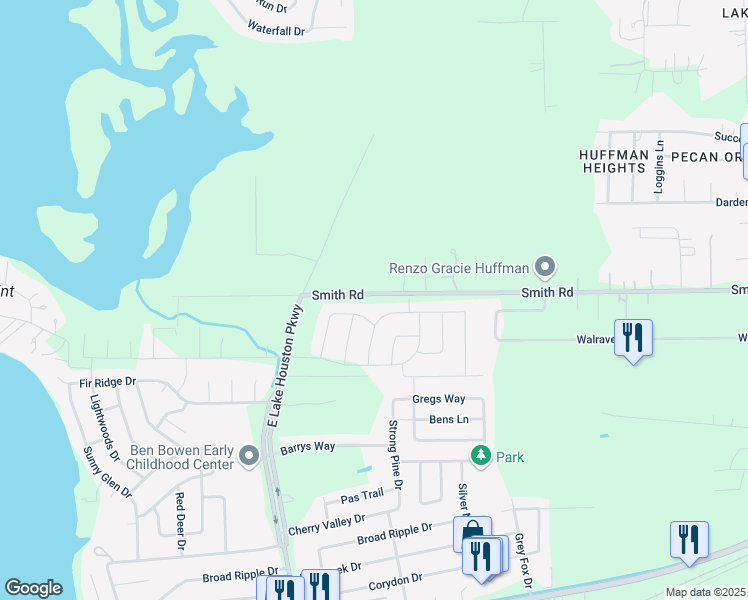 map of restaurants, bars, coffee shops, grocery stores, and more near 706 Crocale Patch Drive in Huffman
